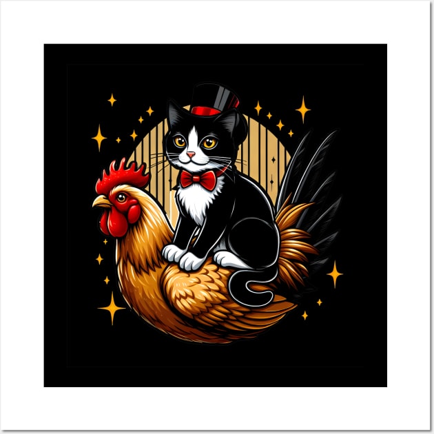 Tuxedo Cat on a Chicken Funny Wall Art by T-shirt US